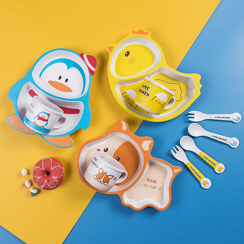 

New Children's Cutlery Set Cartoon Bamboo Fiber Baby Grid Plate Dinner Bowl Spoon Fork Travel Portable