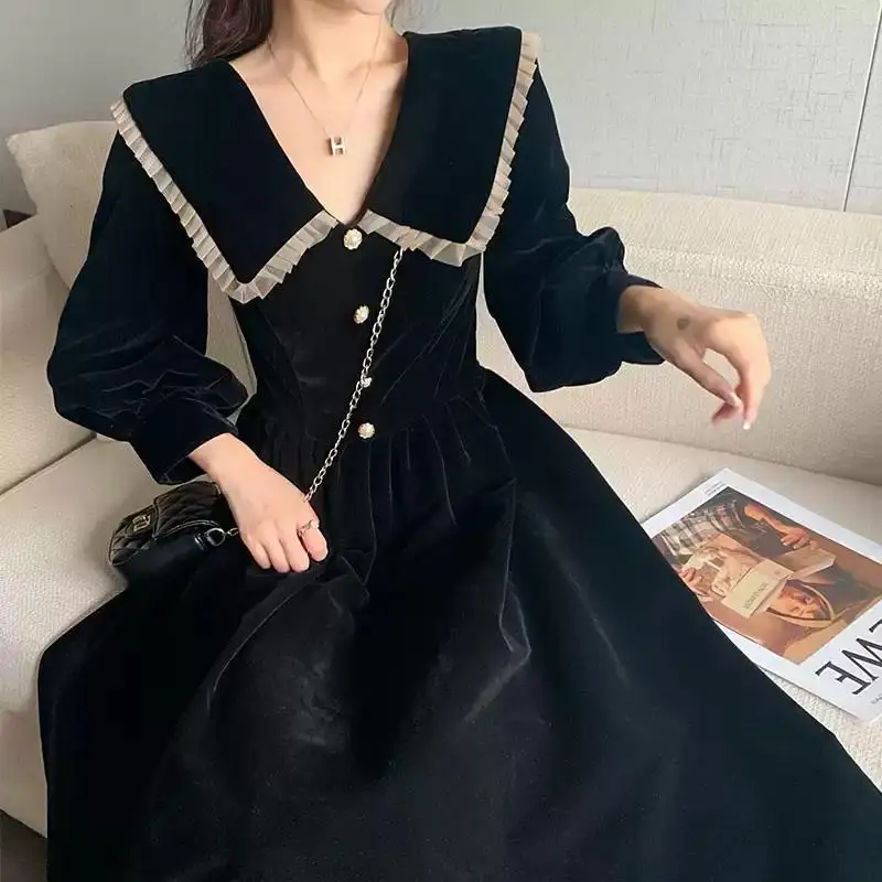 Korean Velvet Dresses Autumn 2021 Plus Size XL French Vintage Hepburn Style Turn-down Collar Black Dress Winter Velour Dresses