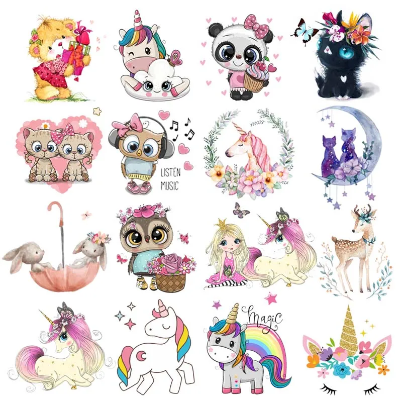 Cute Cartoon Unicorn Iron-On Transfers For Clothes Hippie Animal Cheap Heat Transfer DIY For Kids Clothes Thermal Stickers Patch