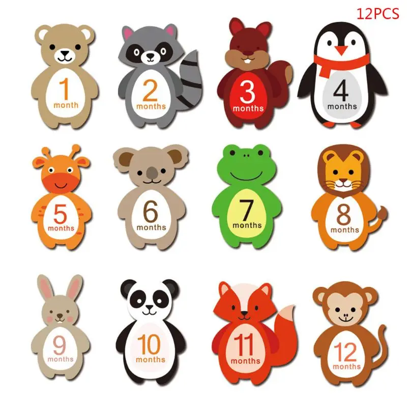 12 Sheets/set Cute Cartoon Animals Baby Monthly Milestone Stickers Belly Newborn Photography Props Pregnant Women Infant photo