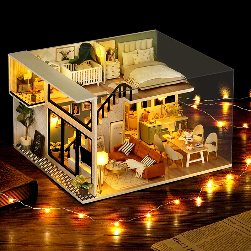 

DIY Dollhouse Wooden Doll Houses Miniature With Furniture Kit Casa Music Led Toys for Children Birthday Gifts L031