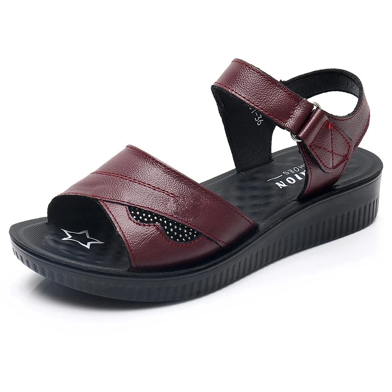 MVVJKESummer women sandals fashion comfortable leather soft bottom flat bottom non-slip wide feet plus fat size female sandals