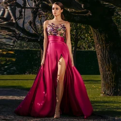 Rose Red Satin Skirts High Waist Floor Length Long Taffeta Skirt Elegant High Side Slit Evening Skirt Women Wedding Skirts