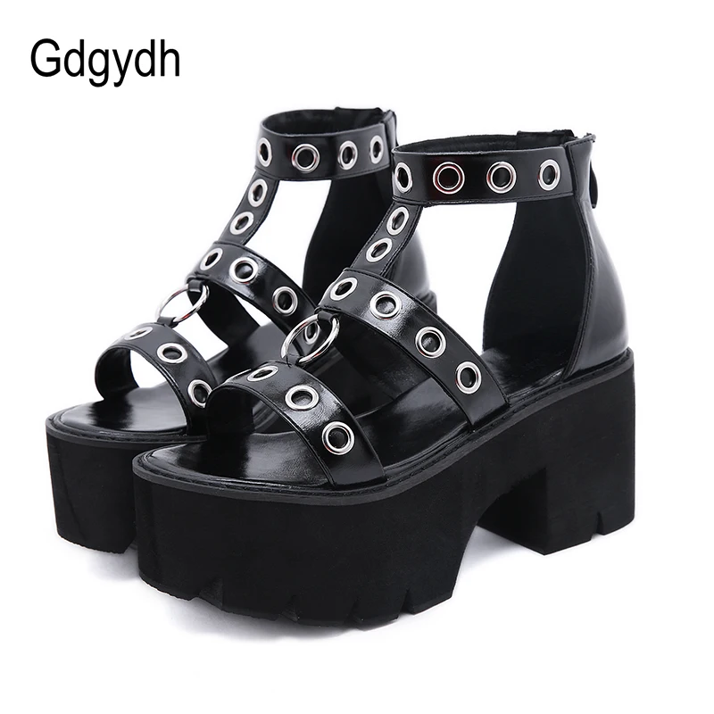 Gdgydh Black Punk Gothic Platform Sandals Open Toe Buckle Strappy Women Summer Shoes Sexy Rivets Thick Heels Footwear Drop Ship