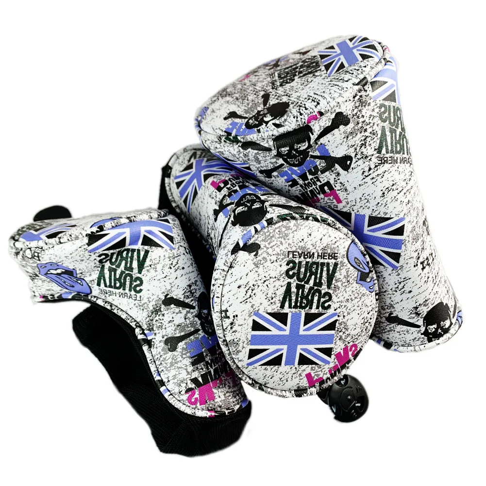 3PCS Golf Club Headcovers Knit Golf Club Head Cover Driver Fairway Wood Set Skull Print PU Waterproof Leather Velvet Lining