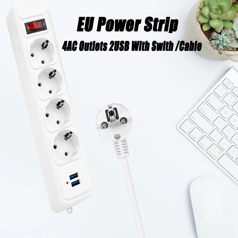 Network Filter 10A 2500W  Power Strip Switch EU Plug Sockets With 2M Extension Cord Surge Protector 2 USB Charging 4 AC Outlets