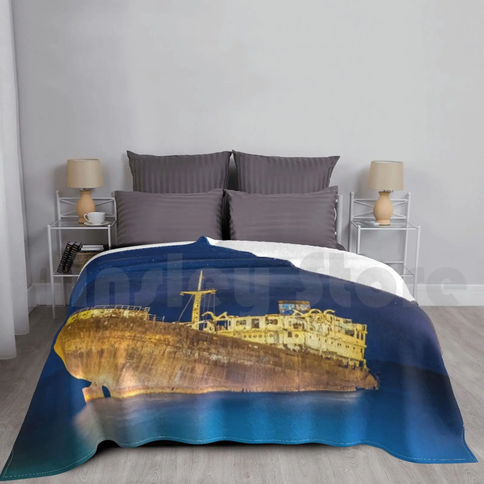 Ghost Ship With Milky Way Blanket Fashion Custom Icimages Lanzarote Shipwreck Telamon Blue Sea Blue Sky Old