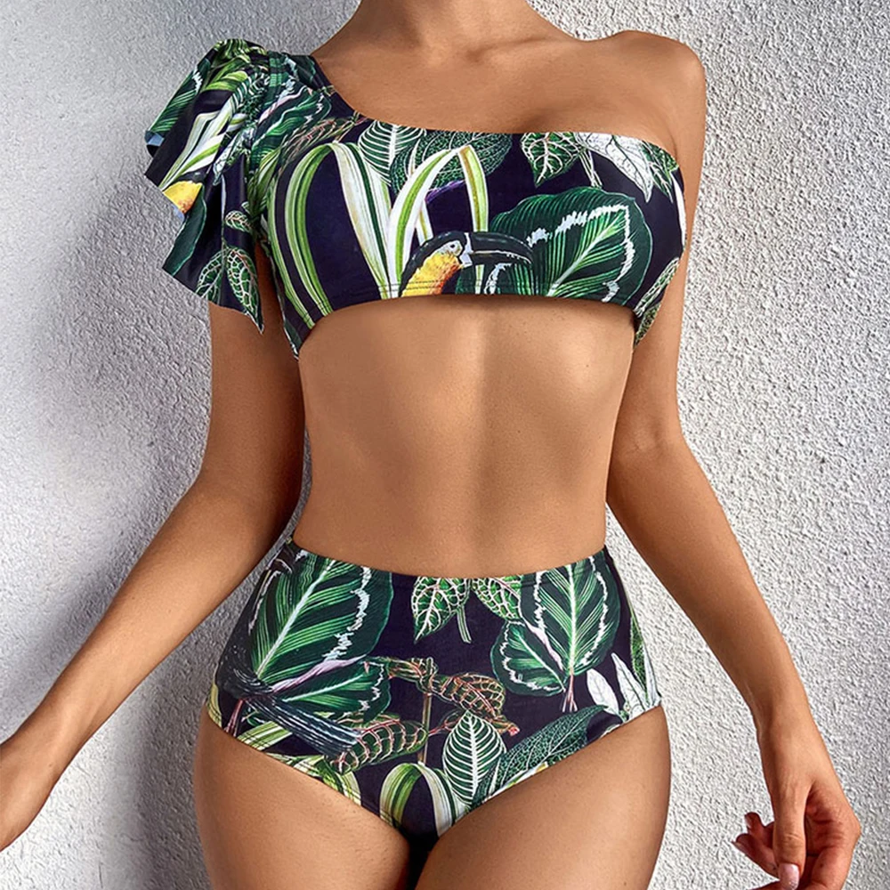 

ZAFILLE Leaf Swimsuit Women High Waist Bikini Set 2021 Swimwear One Shoulder Ruffle Bathing Suit Women's Swimwear and Beachwear