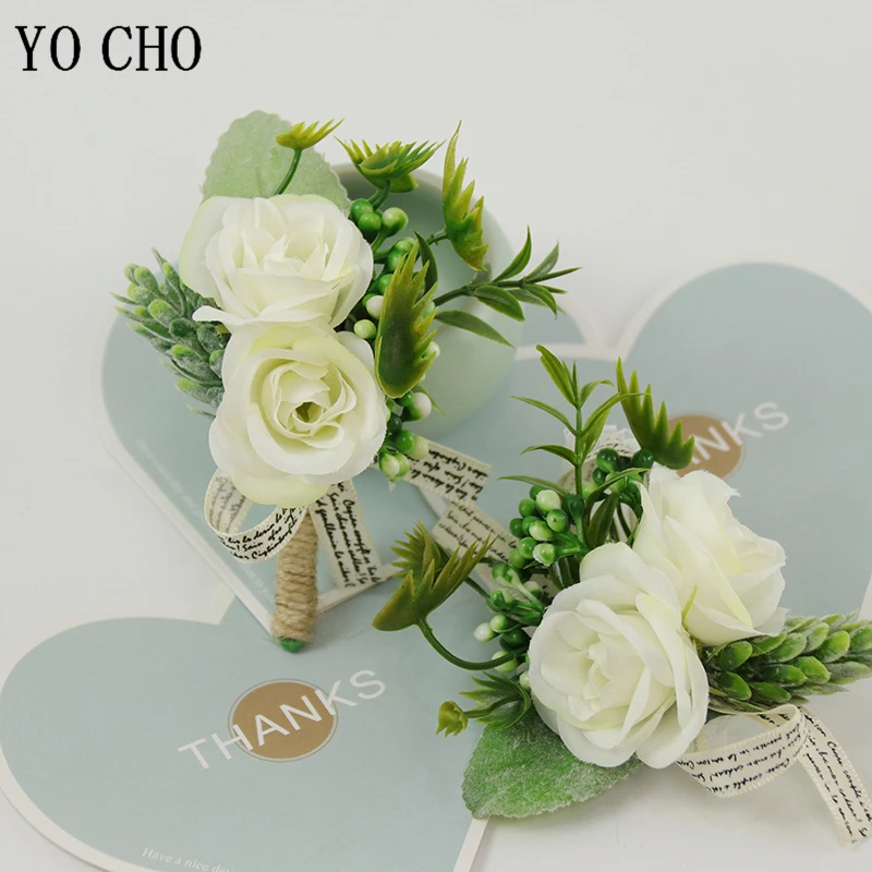 Fleurs artificielles en soie blanche pour mariée, Corsage au poignet, boutonnière pour costume de marié, pour bal de promo, mariage, broche, décor de fête