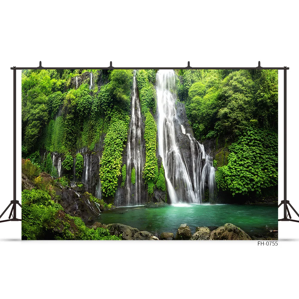 Summer Natural Scenery Forest Waterfall Green Trees Mountain Baby Portrait Photo Studio Backdrop Holiday Photography Backgrounds