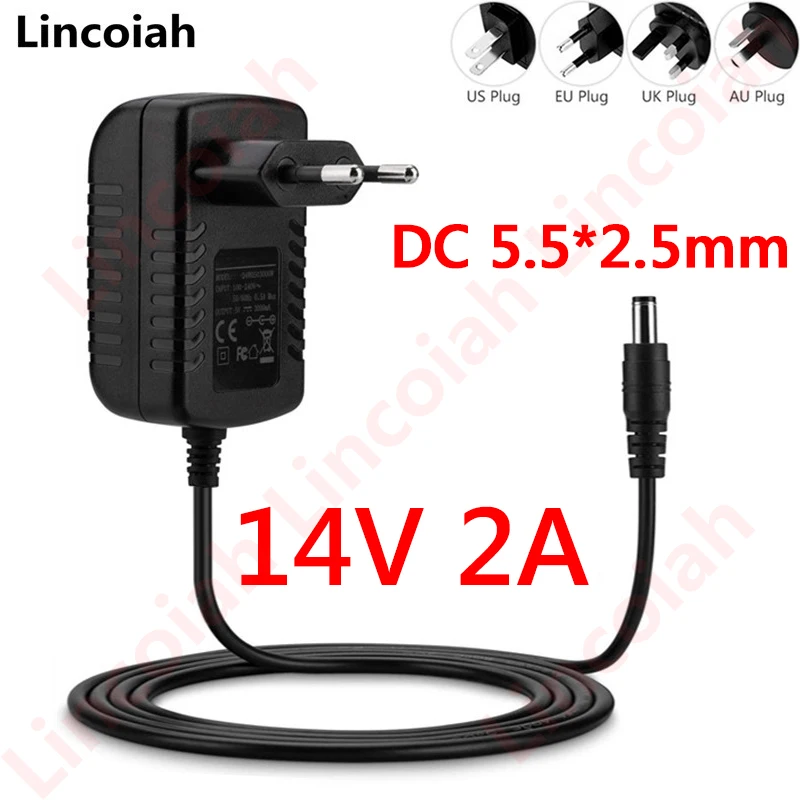 14V2A AC 100V-240V konwerter Adapter DC 14 V 2A 2000mA 28W zasilacz 14 V Volt Adapter ue/US/UK/AU wtyczka 5.5mm x 2.1mm-2.5mm