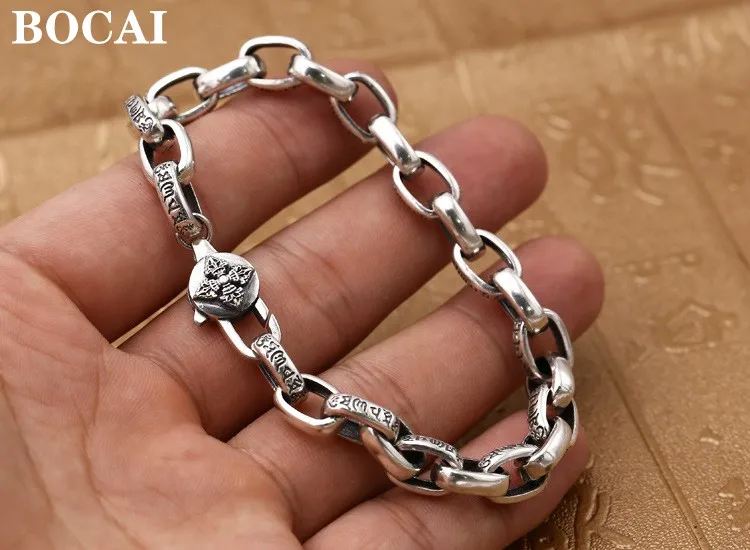 

Real S925 sterling silver jewelry men and women six-character mantra Vajra ring buckle Thai silver vintage bracelet