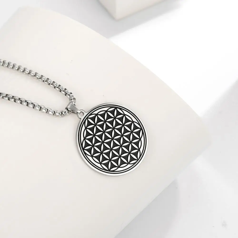 LIKGREAT Flower of Life Stainless Steel Round Pendant Chain Necklace Jewelry for Men Silver Color Statement Choker Women Gifts