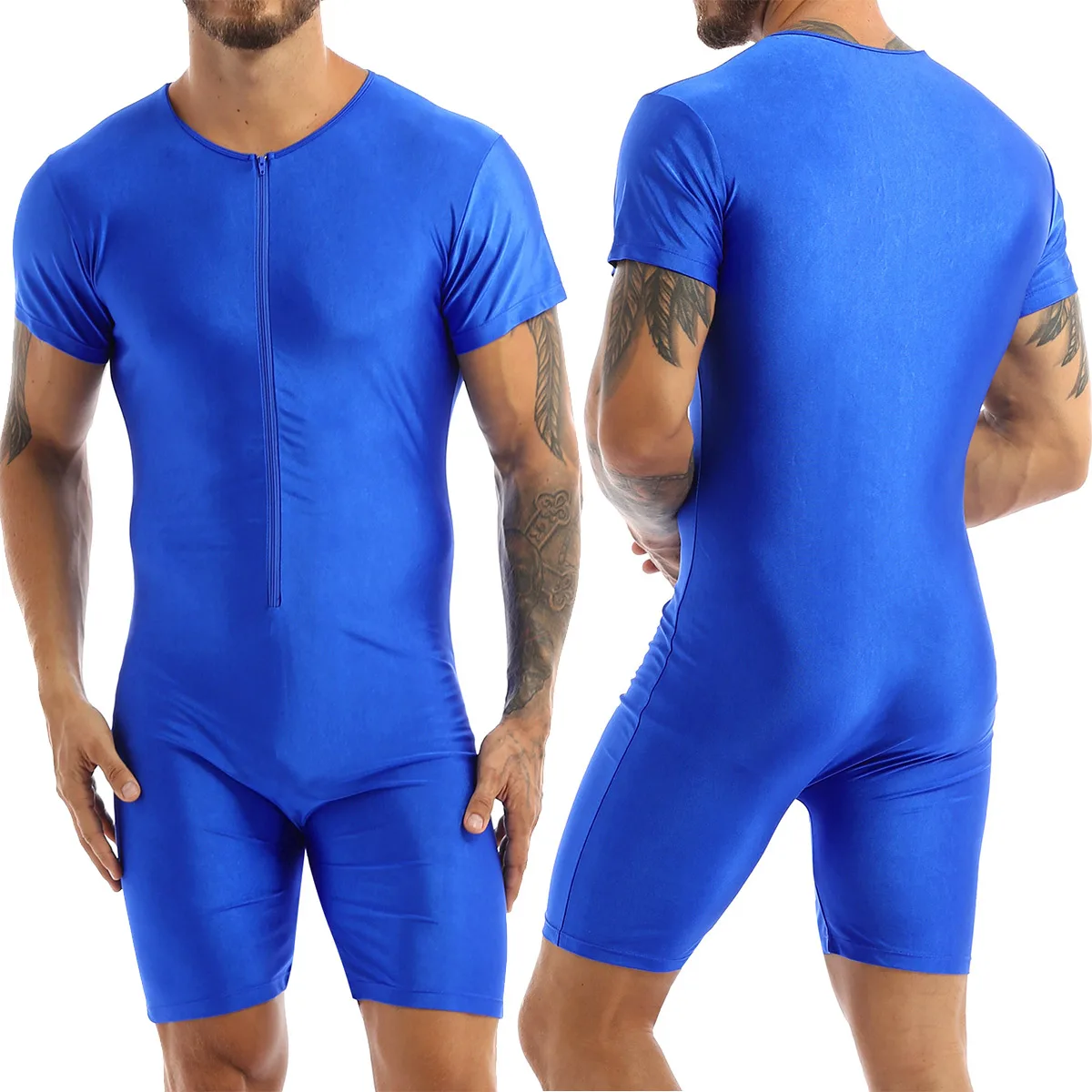 Menโs Glossy Leotard Boxer Briefs Full Body Suit One Piece Elastic Zipper Tight Pajamas Undershirts Jumpsuit Swimwear Swimsuit