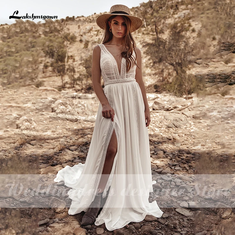 Lakshmigown Bohemian Áo Cưới 2021 Cổ Chữ V Hở Lưng Bên Phù Sa Bãi Biển Boho Voan Một Đường Cô Dâu Đồ Bầu Áo Dây De Mariee