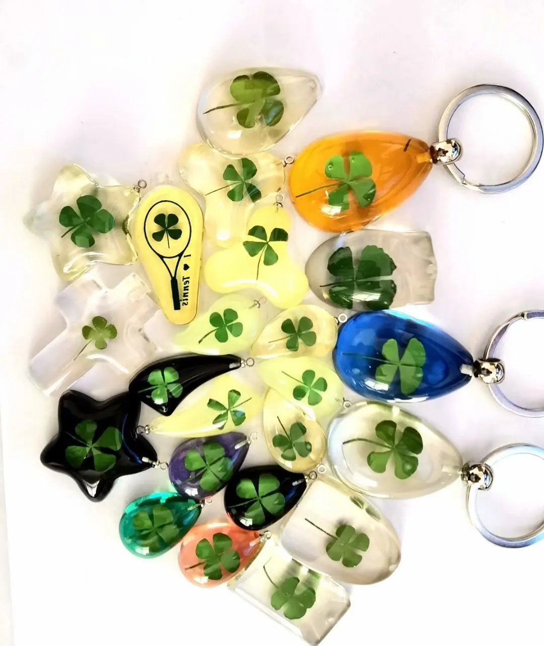 25 pcs charming real mixed four leaf clover mixed style keychain