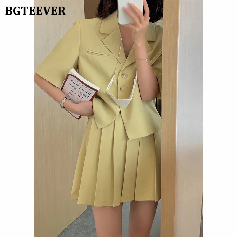 BGTEEVER Stylish Women Skirt Suits Double Breasted Jackets & High Waist A-line Mini Skirts Elegant Female 2 Pieces Blazer Set