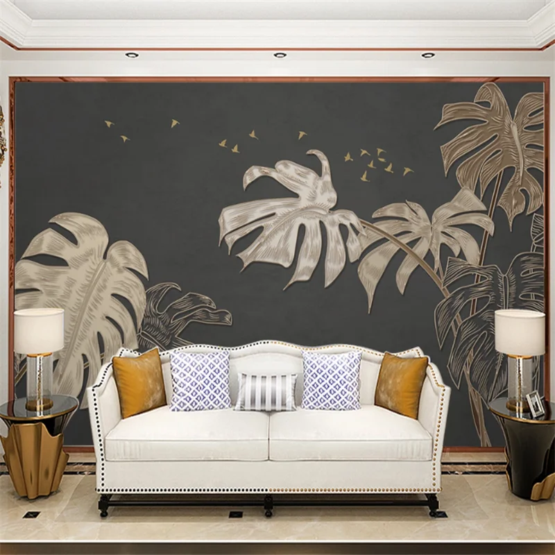 

beibehang Customized wallpaper 3d Nordic style monstera golden embossed lines background living room background wallpaper