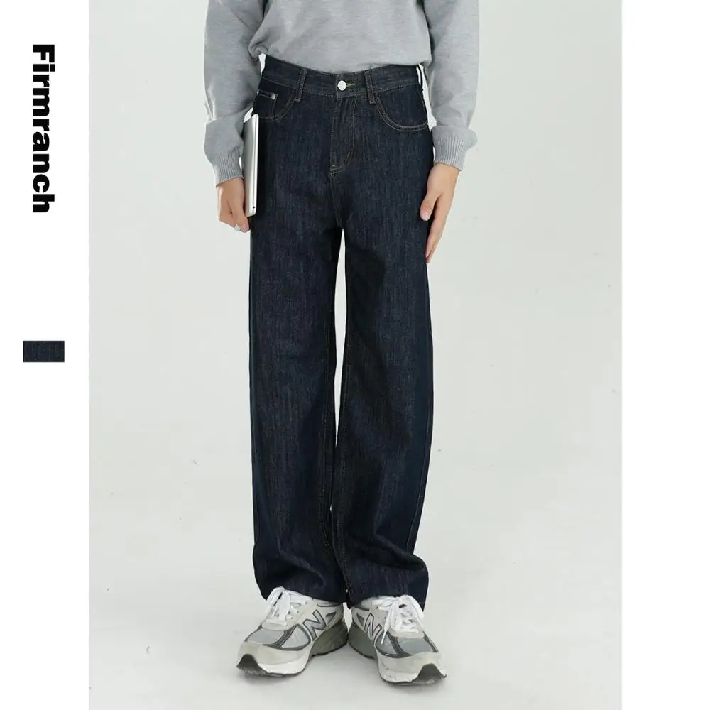 Firmranch Autumn Men/Women Black All-Matched Loose Long Wide Leg  Denim Jeans Trousers Retro Deep Blue Drooping Style Boys/Girls