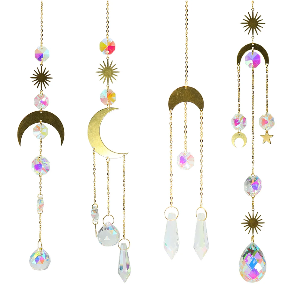 Creative Crystal Prisms Hanging Suncatcher Metal Moon Sun Window Glass Pendant Rainbow Chaser Curtain Wind Chimes Decor Gifts