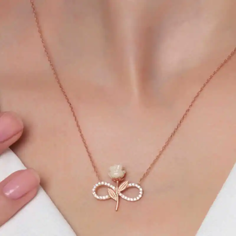 Silver Eternal Rose Lady Necklace 925 Sterling Women Fine Jewelry Wedding Party Birthday Gift - Box -for Stone - Pendant - Chain Choker - Female - Ladies - Fashion