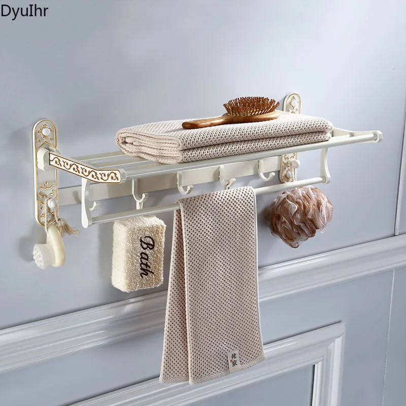 European-style baking white paint space aluminum wall-mounted folding bath towel rack exquisitely carved bathroom towel rack