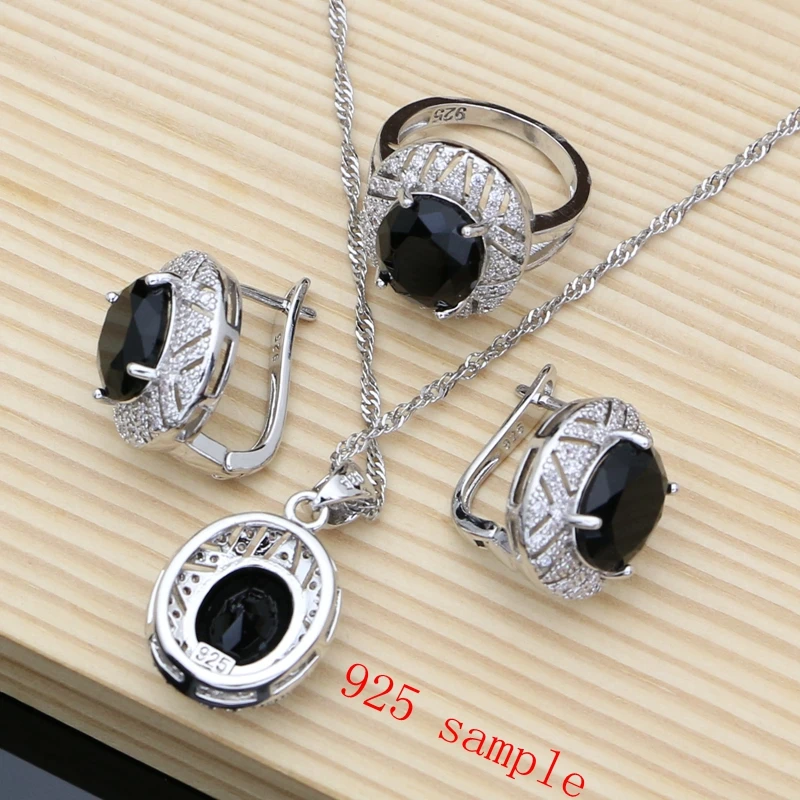 Black Obsidian 925 Silver Jewelry Sets Hoop Earrings Rings Accessories Women Wdding Fine Jewellry Necklace Set  Dropshipping