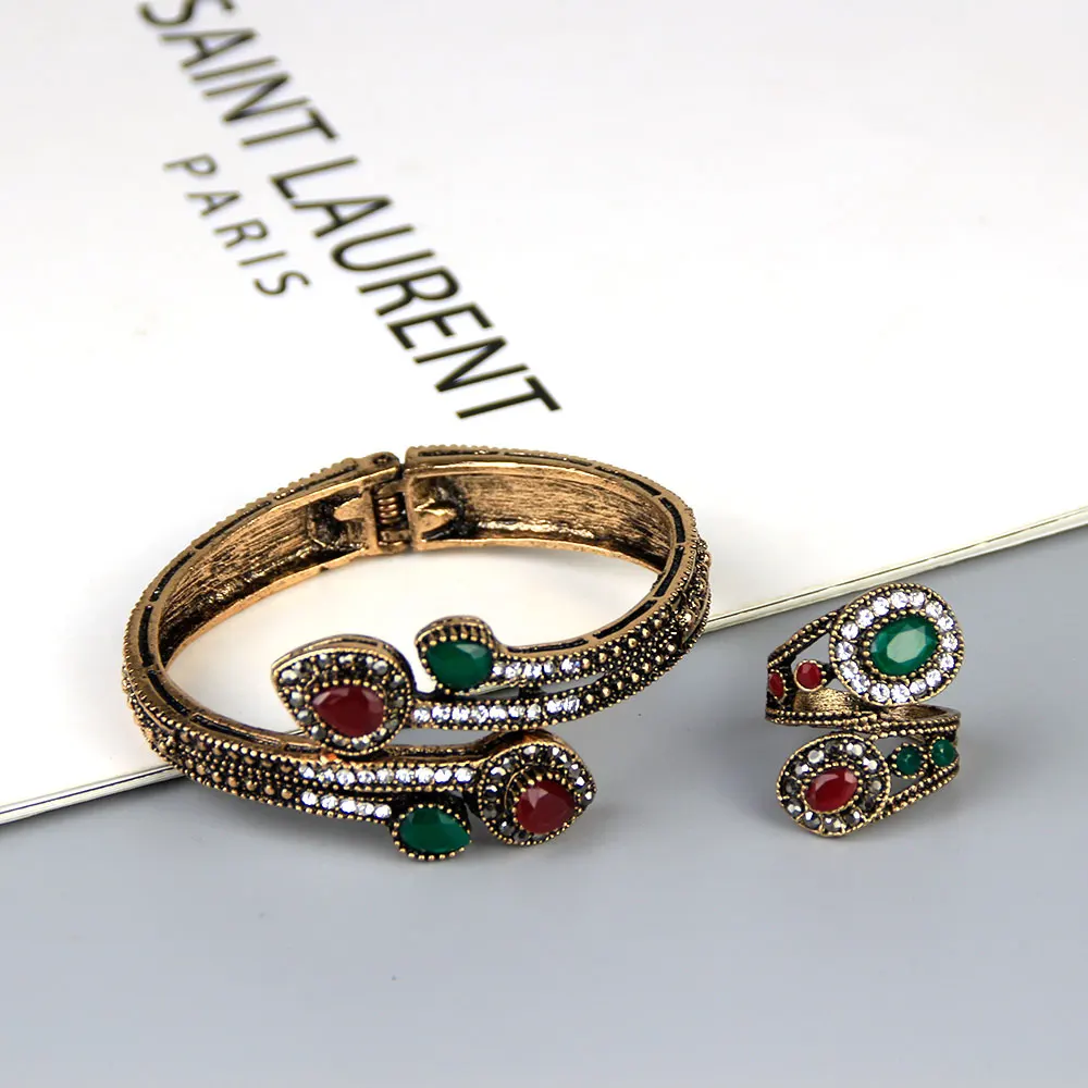 Sunspicems Vintage Turkish Resin Bangle Ring Sets For Women Antique Gold Color Indian Crystal Bangle Bride Wedding Jewelry Gift
