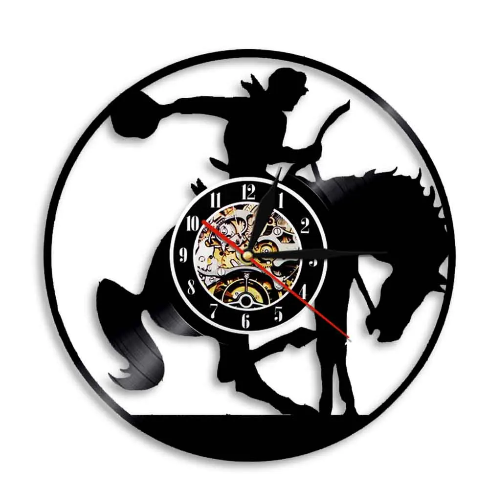 Cowboy Riding The Horse Wall Clock Horse Rider Vinyl Record Hanging Watches Vintage Equestrian Art Decor For Living Bedroom