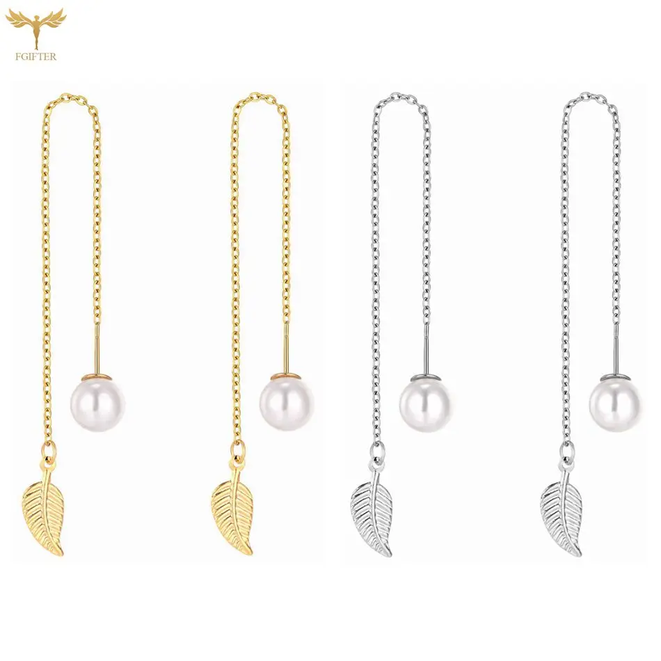 

Pearl Leaf Pendant Tassel Drop Earrings Elegant Women Stainless Steel Long Chain Ear Line Bohemian Jewelry Party Accessories