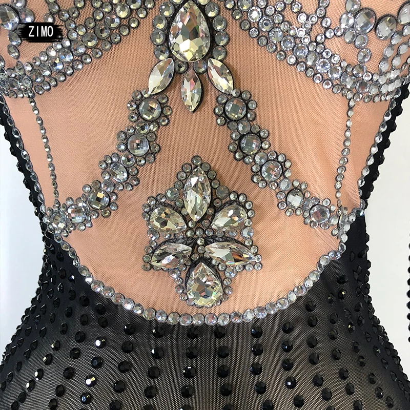 Silver Black Rhinestones mesh Transparent Dress Long Sleeves bar nightclub Women Dancer Show Birthday party Dress stage costume