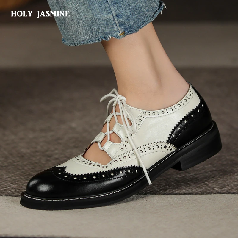 

Women Genuine Leather Oxford Shoes Round Toe Black White Lady Lace Up Brogues Loafers Casual Shoes for Women Leather Shoes 2021