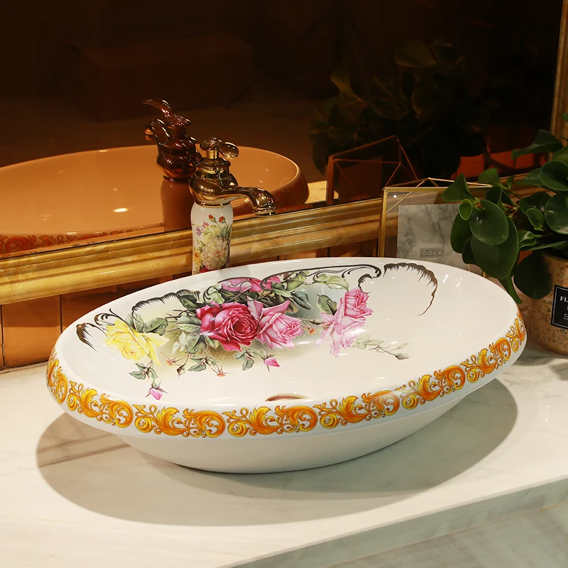 

Oval shape peony pattern Jingdezhen factory directly ceramic hand painted washing basin bathroom sinks bowl