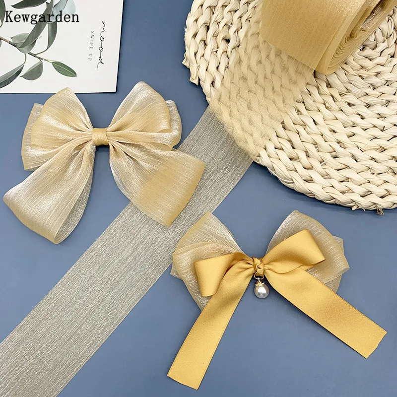 Kewgarden Wholesale 6CM Stripe Wrinkle Tulle Ribbon Handmade Tape Voile Ribbons DIY Bowknot Accessories Riband 50 Yards