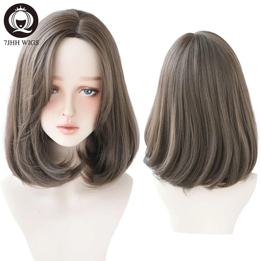 7JHH WIGS Short Middle Part Ombre Blonde Wig For Women High Density Synthetic Straight Bob Wig with Bangs Beginner Friendly