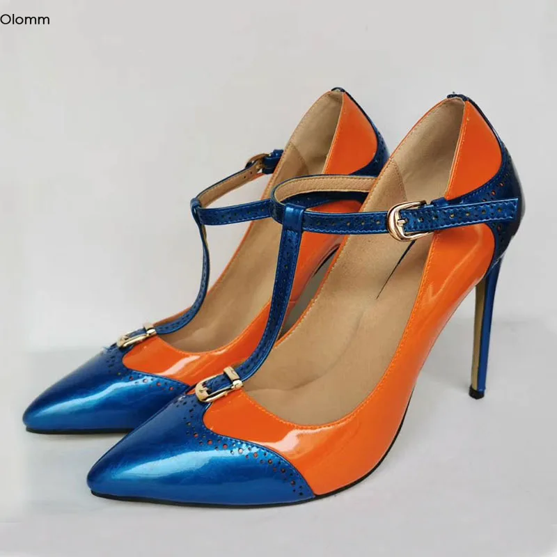 

Olomm Handmade Women T-strap Pumps Stiletto High Heels Pumps Pointed Toe Gorgeous Orange Party Shoes Women Plus US Size 5-15