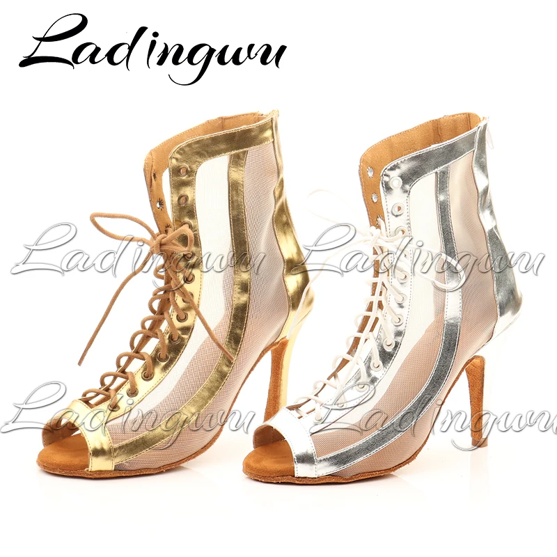 Ladingwu Women Ballroom Latin Dance Boots Lady`s Salsa Professional Dancing Shoes Golden Silver PU Mesh Dance Sandals