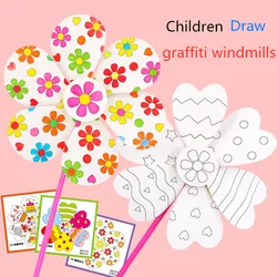 Moinho de vento em branco jardim de infância pacote material de arte artesanal criança diy pintura graffiti cor puzzle brinquedo criativo brinquedos educativos