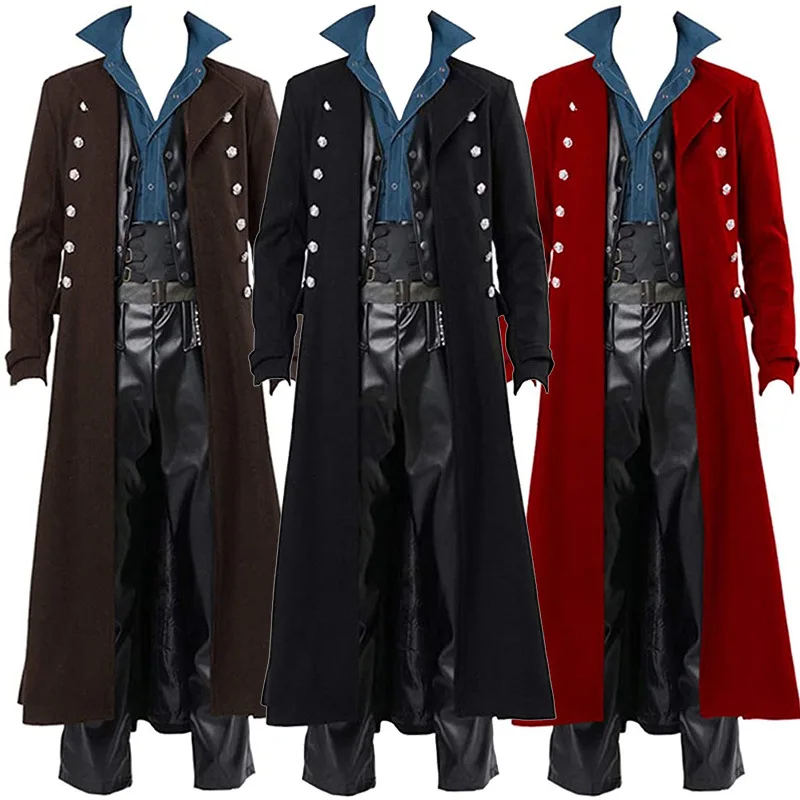 

Medieval Steampunk Assassin Elves Pirate Costume For Adult Black Vintage Long Split Jacket Gothic Armor Leather Coats 5XL