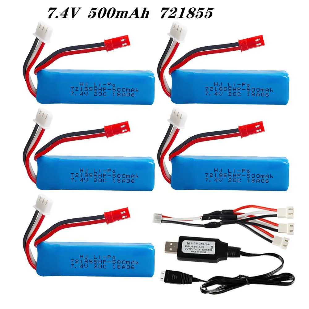 

1-5pcs 2S 7.4V 500mAh 721855 20C Lipo Battery + USB 3in1 Data Cable Charger for WLtoys A202 A212 A222 A232 A242 A252 4WD RC Car