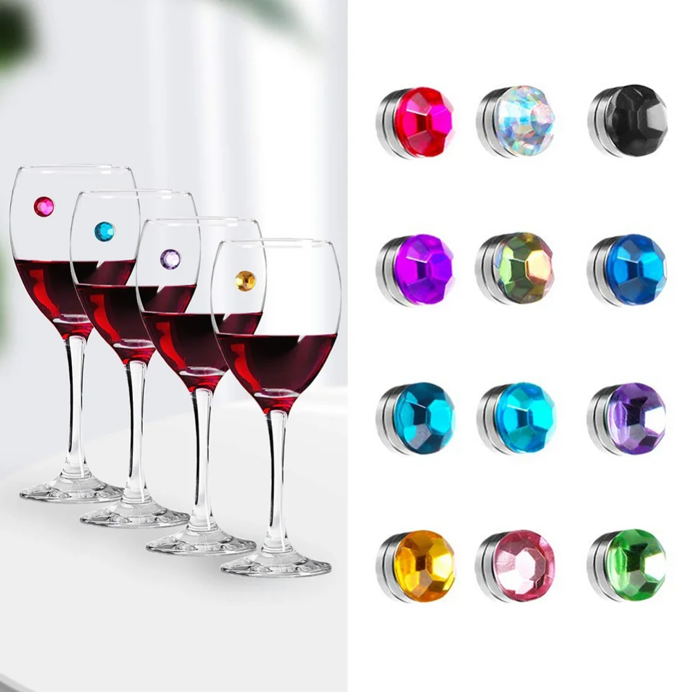 12 Pieces Crystal Magnetic Glass Charm Magnetic Drink Markers Wine Wine Glass Rings Tags for Goblet Champagne Flutes Cocktails