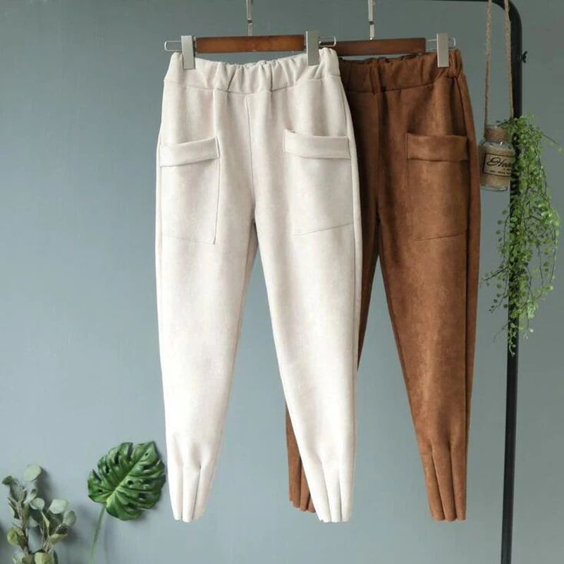 2022 pantaloni Harem da donna in pelle scamosciata primavera autunno tasche elastiche in vita pantaloni Casual pantaloni da donna pantaloni larghi a