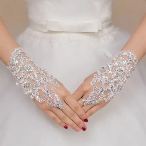 Elegant White Red Ivory Wedding Gloves Lace Applique Short Rhinestone Bridal