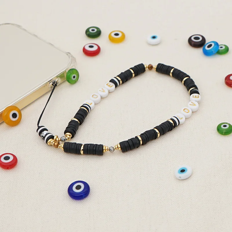 Letter Mobile Strap Lanyard Anti-Lost Telephone Jewelry Boho Black Polymer Clay Beads Mobile Phone Chain Hanging Cord