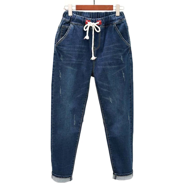 

Denim Woman Spring Autumn 5XL Casual Pants Female Nine Points Jeans Elasticated High Waist Blue Denim Harem Pants J299