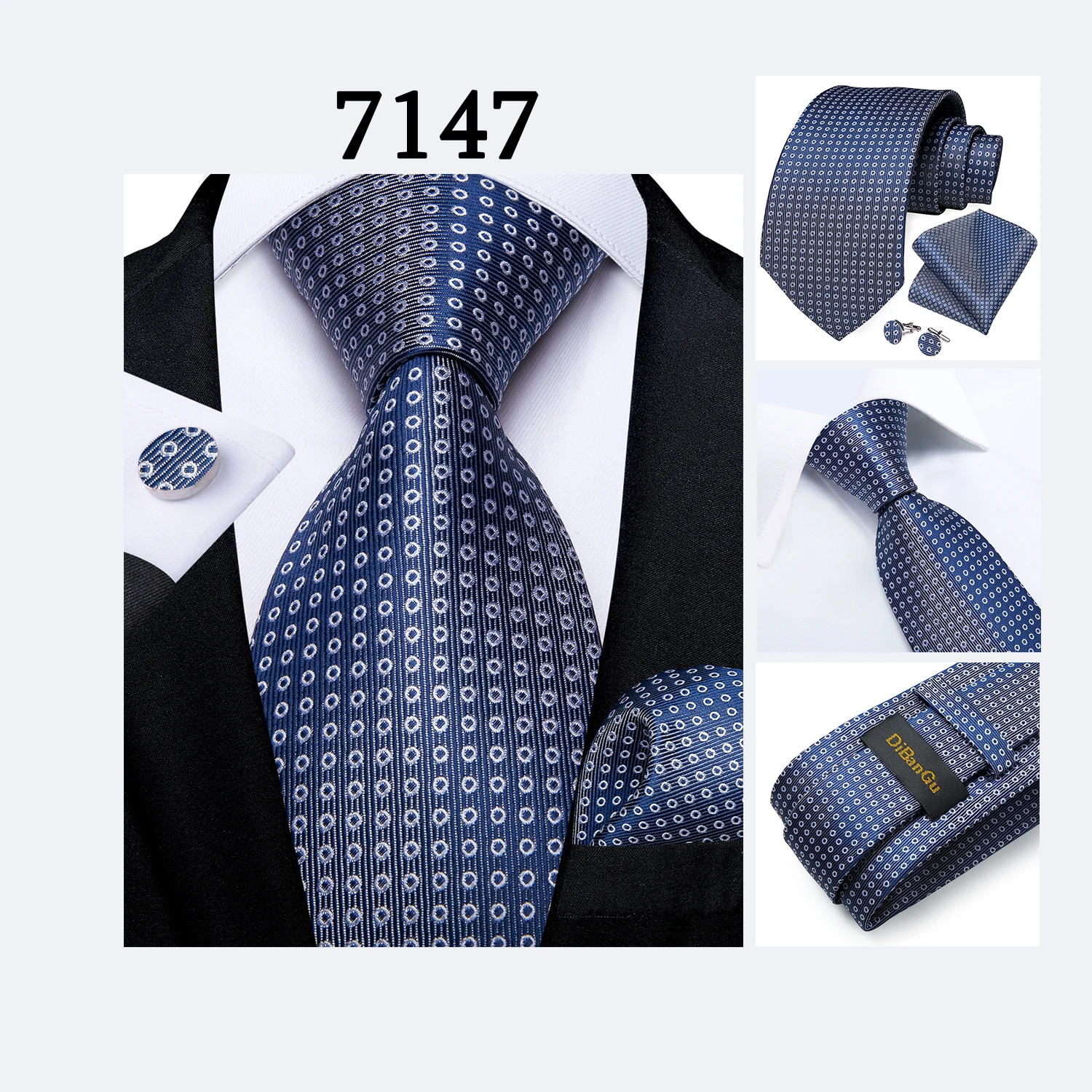Neues modisches kariertes Herren-Krawatten-Set, hochwertige 8 cm breite Krawatte, Einstecktuch, Manschettenknöpfe, Business-Hochzeitskrawatte, Geschenk für Männer – Detail 15