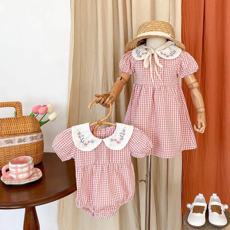 Kleinkind Baby Mädchen Grid Stickerei Kleider Sommer Mädchen Baby Romper Kleinkinder Baumwolle Kurzarm einteiliges Strampler – Detail 15