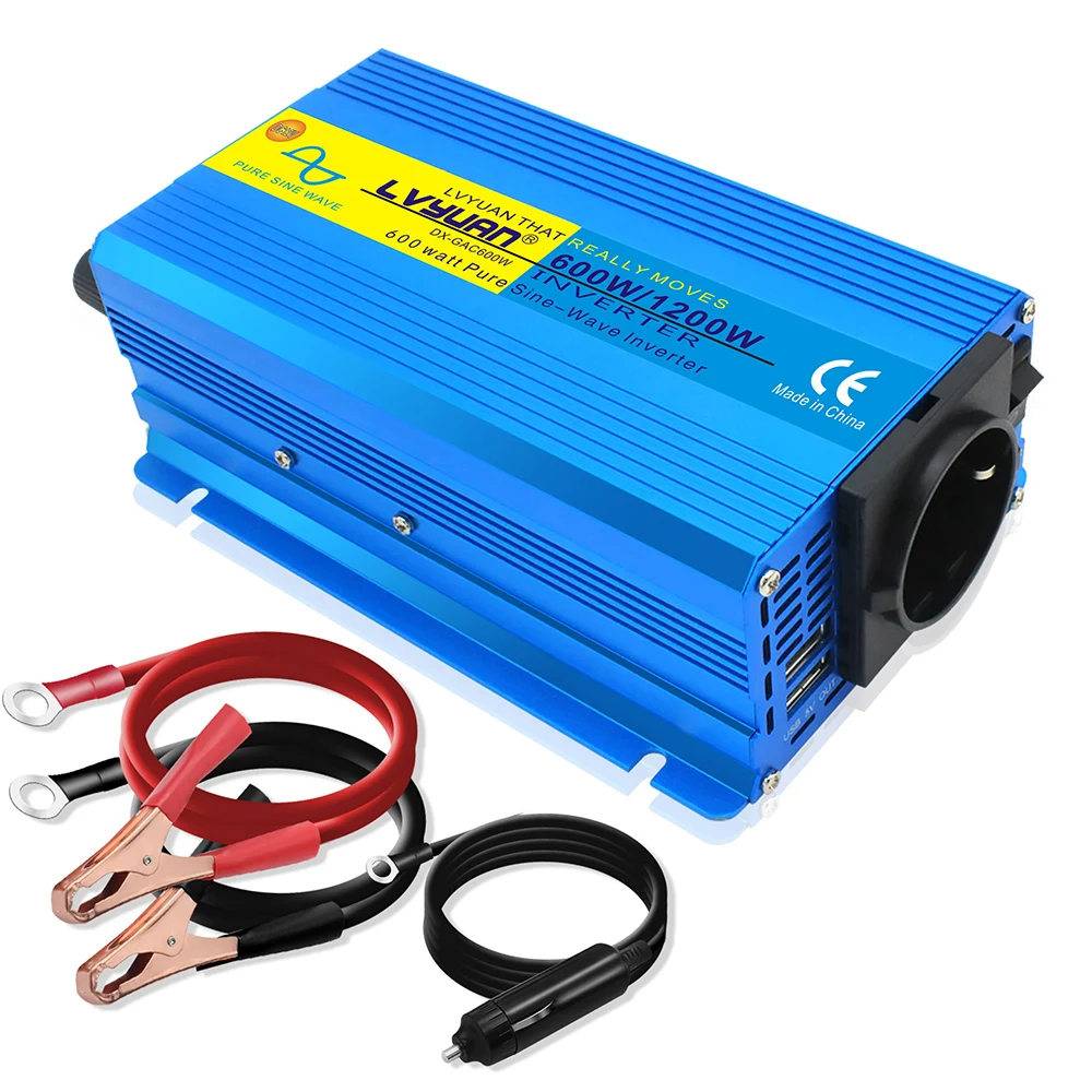 600W/1200W Pure Sine Wave Inverter DC 12V to AC 220V-240V 50Hz/60Hz Voltage Converter EU Socket Car Cigarette Lighter Plug