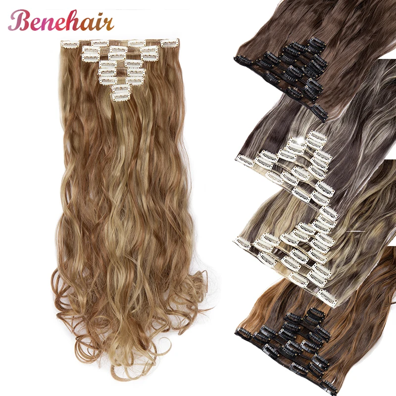 

BENEHAIR Synthetic 24'' Long Wavy Clip In Hair Extension 140g Hair Piece 8Pcs/set Clips Hair Pink Purple Blonde Hair False Hair