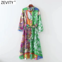 ZEVITY Women Fashion Cloth Patchwork Irregular Print Sashes Midi Shirt Dress Ladies Single Breasted A Line Kimono Vestido DS8791